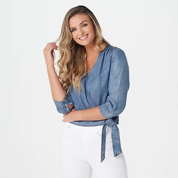 Bella Dahl Chambray True Wrap Crop Top S - Picture 1 of 16